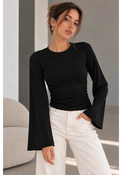 Bb Butik Basic Yan Büzgülü İspanyol Kol Basic Kadın Bluz My3535 siyah