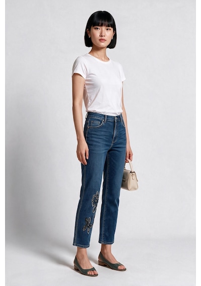 Seleste Kadın Yüksek Bel Nakış Detaylı Düz Paça Denim Jean Pantolon Lacivert