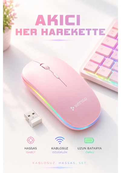 Tablet Ve Bilgisayar İçin Rgb Led Işıklı Taşınabilir Kablosuz Bluetooth Klavye Ve Dongle'lı Mouse Seti Pembe