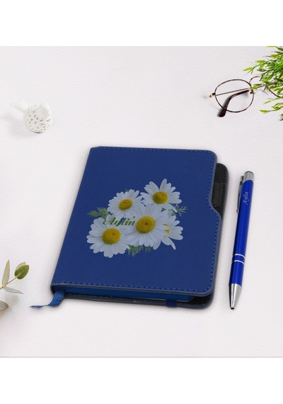 Kişiye Özel Papatya Temalı Lacivert Termo Deri Defter Kalem Seti- N11.140