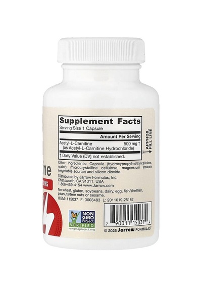 Jarrow Formulas, Vegan Acetyl L-carnitine, 500 Mg, 60 Veggie Capsules Aromasız