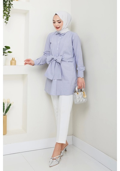 Nevayla Moda Çizgili Poplin Bağlamalı Gömlek - Lacivert / Ü103 Lacivert