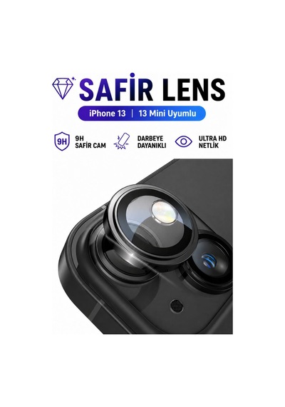 Apple iPhone Uyumlu  13 / 13 Mini Siyah Metal Kamera Lens Koruyucu Safir Cam Ultra Net Hd