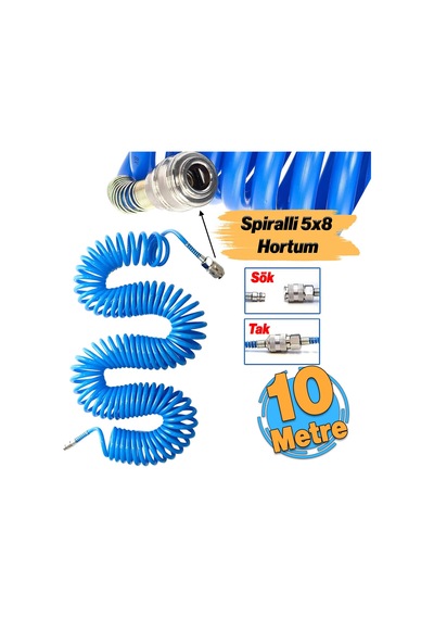 Spiralli 5x8 Polietilen Hava Hortumu 10 Metre Nipel Jaklı Esnek Kırılmaz Sök Tak Soketli Manşon