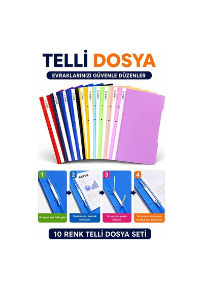 Telli Dosya 10 Renk A4 1 Paket Ekonomik Kaliteli Plastik Telli Dosya Evrak Sunum Dosyası Renkli Ofis Büro Okul