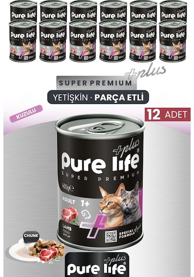 Pure Life Plus 12'li Kuzulu Yetişkin Kedi Chunk Konserve Parça Etli Yaş Mama 400 G