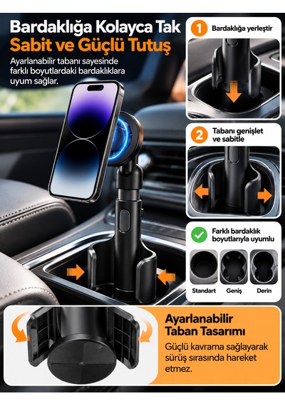Araç İçi Bardaklık Telefon Tutucu Manyetik Magsafe Uyumlu Ayarlanabilir Telefon Standı Siyah