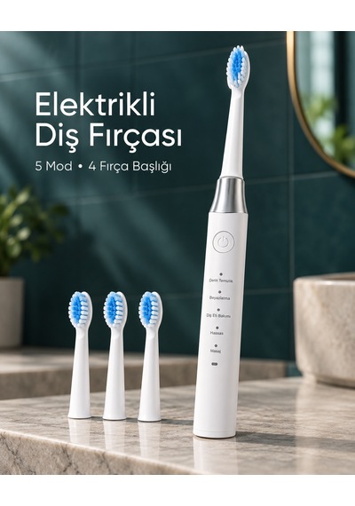 Değiştirilebilir Başlıklı Beyaz Elektrikli Diş Fırçası 5 Mod Ve 3 Yedek Başlık - Lisinya