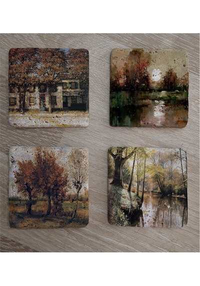 Sonbahar Ağaçlı Manzaralar Doğal Taş Bardak Altlığı 4'lü Set - Natural Stone Coasters - Taş Çok Renkli