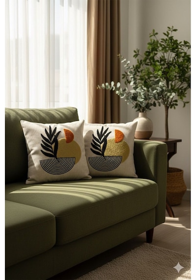 Punch İşlemeli Modern Tasarım Dekoratif 2'li Kırlent Kılıfı Nakışlı Keten 43x43 Cm Çok Renkli