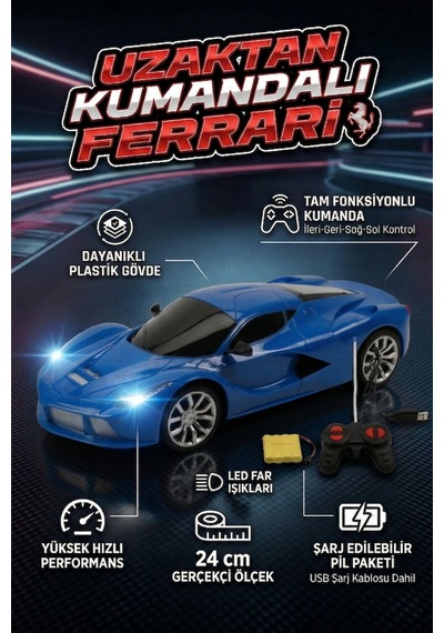 Uzaktan Kumandalı Şarjlı Araba 24 Cm Işıklı Ferrari & Lamborghini Model Full Fonksiyonlu Oyuncak Lacivert Ferrari