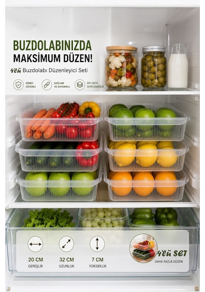 Porsima 4477 4'lü Şeffaf Buzdolabı Ve Dolap İçi Düzenleyici Organizer Seti 4 Lt 20x32x7 Cm