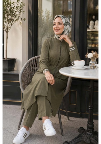 Hb Harma Time Butik Kadın Ribanalı Fermuarlı Keten Tunik Pantolon Haki İkili Takım Haki Haki Hb Harma Time Butik Kadın Ribanalı Fermuarlı Keten Tunik Pantolon Haki İkili Takım Haki Haki