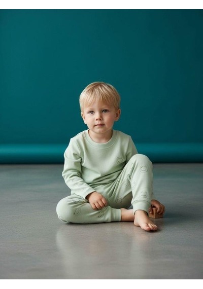 Zekids Erkek Çocuk Organik Pijama Takımı-16604 Yeşil