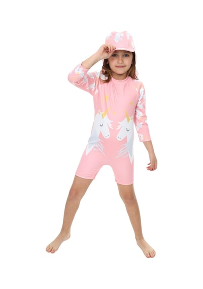 My Kids Wear Şapkalı Fermuarlı Uzun Kollu Kız Çocuk Mayo Mor - Mavi