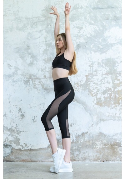 Fitness Tayt Spor Kapri Tayt Dar Kesim Tül Detaylı Yüksek Bel 001