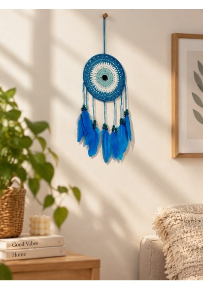 Nazar Motifli Düş Kapanı Rüya Kapanı Dream Catcher Mavi Tüylü Bohem Duvar Süsü Bohem El Yapımı Düş Kapanı 88315634
