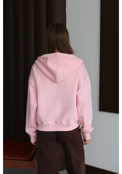 Balenbi Kadın 3 İplik İçi Polarlı Kapüşonlu Oversize Sweat Hırka 1110 Pembe