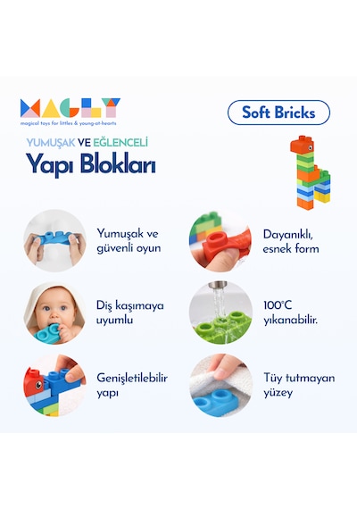 Magly Soft Bricks Yumuşak Yapı Blokları - Çocuklar İçin Renkli Esnek 42 Parça Yapı Blok Seti