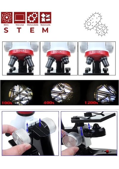 Temel Işıklı Bilimsel Çocuk Mikroskobu 100x 400x 1200x, Stem Eğitim Ve Deney Seti