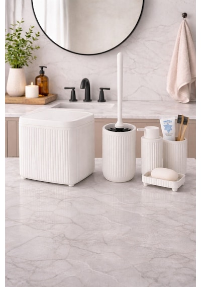 Modern Banyo Aksesuar Seti Click Kapaklı Çöp Kovası, Tuvalet Fırçası Ve Sabunluk Seti 5 Parça Dc-6803 Beyaz