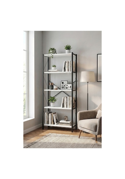 H-a Craft Metal Ayaklı 5 Raflı Kitaplık 150x60x24 Cm Ofis/ev Rafı Beyaz