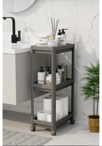 Peggy Gri Geniş 3 Katlı Çok Amaçlı Mutfak Erzak Banyo Raf Ünitesi Gri