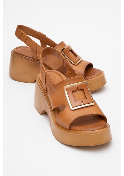 Luvishoes Lucıa Taba Tokalı Hakiki Deri Kadın Dolgu Topuklu Sandalet Taba