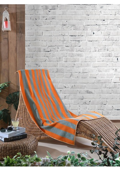 Plaj Havlusu %100 Pamuk Sertifikalı Kabana Turuncu Gri Çizgili Havuz Plaj Havlu 70x140cm Turuncu - Gri