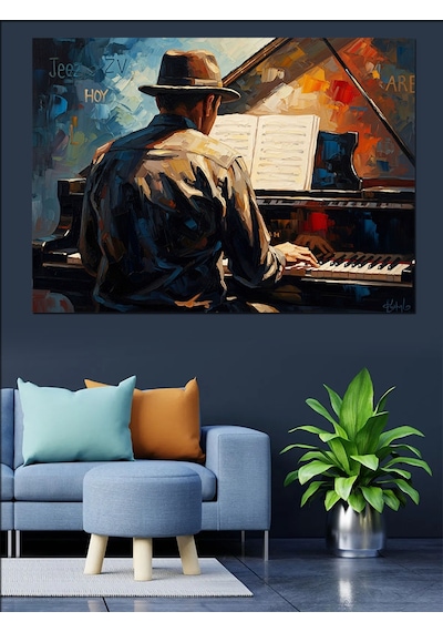 Ahşap Tablo Şapkalı Piyanist Ve Gece Müziği