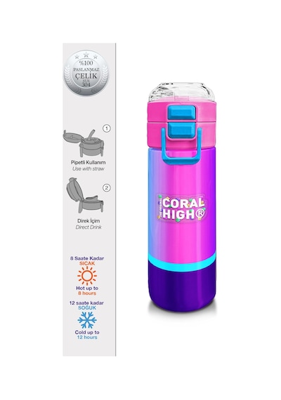 Coral High Kids Renkli Çizgili Pipetli Ve Direkt İçim Çelik Termos 500 Ml 31836 Mavi - Mercan