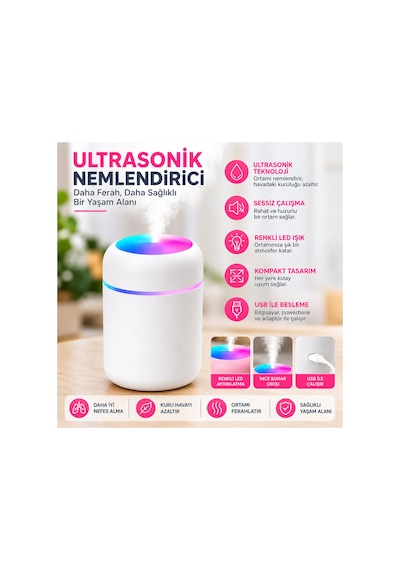 Ultrasonik Hava Nemlendirici Renkli Led Işıklı Usb Mini Masaüstü Buhar Makinesi-gri