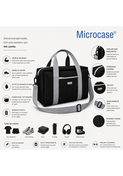 Microcase 4 Bölmeli Geniş Hacim Dayanıklı Spor Seyahat Malzeme Çantası Medium Al5583 Siyah