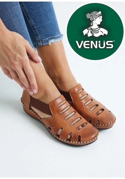 Venüs Malin Hakiki Deri Comfort Ortopedik Kadın Sandalet Taba