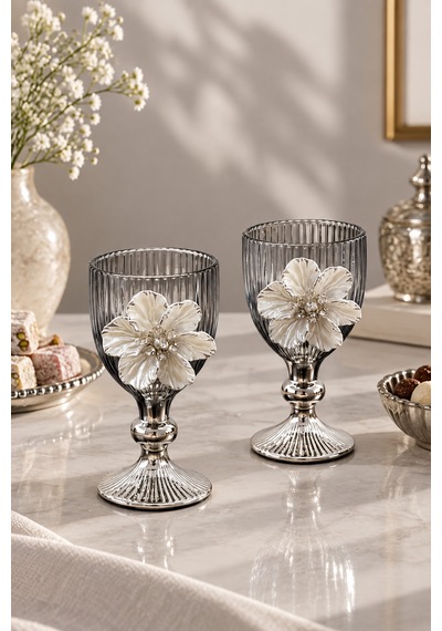 2 Li Cam Lotus Kahve Yanı Bardak Bardak Gümüş Kaplama 75ml