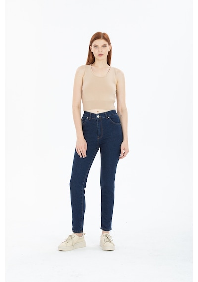 Kadın Mavi Yüksek Bel Yumuşak Dokunuşlu Rahat Kesim Mom Jeans Kot Pantolon Koyu Mavi