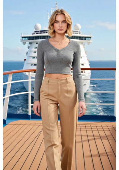 Benerly Kadın Bluz Crop Fitted V Yaka Uzun Kol Çıtçıt Detaylı Örme Ribana Gri Melanj