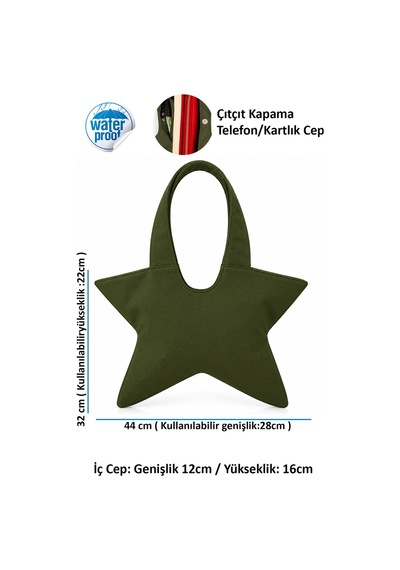 Tuttobene Star Bag Yıldız Çanta Çıtçıtlı İç Cepli Özel Tasarım Omuz Çantası Su Geçirmez Leke Tutmaz Tb052 Haki