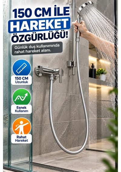 150 Cm Gri Pvc Duş Hortumu Esnek Banyo Duş Başlığı Hortumu Metal Bağlantılı Pratik Kullanım Tek Adet