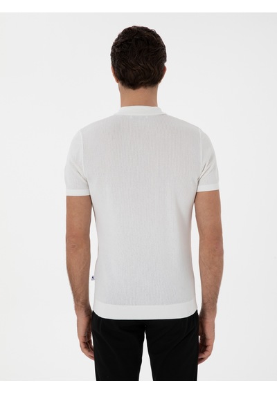 Ekru Slim Fit Fermuarlı Polo Yaka Triko T-shirt Bej