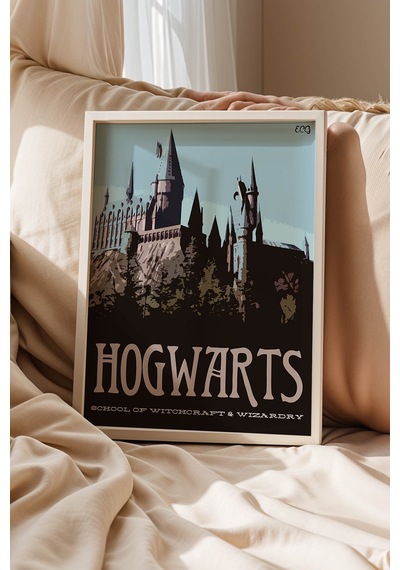Hogwarts Okulu Minimalist Çerçeveli Tablo - Lüks Harry Potter İllüstrasyon Modern Duvar Dekoru Beyaz