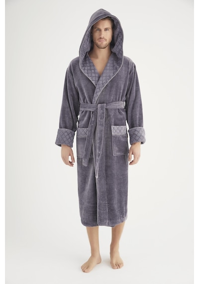 Yaka Jakarlı %100 Cotton Erkek Bornozu Gri