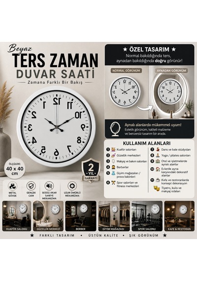 Beyaz Ters Zaman 40 X 40 Cm Metal Duvar Saati