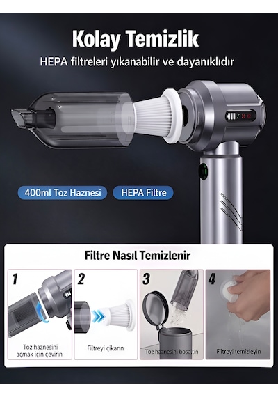 Çantalı 20000pa 6000mah Araç İçi Süpürge 100w Katlanabilir Şarjlı Vakum Üfleme Fonksiyonlu Gri