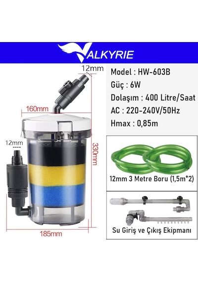 Valkyrie Hw-603b Dış Filtre 400 Litre 6w Sessiz Çalışma Transparan Yüksek Kapasite