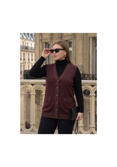 Onno Style Women Bantı Hasır Desenli Çelik Örgü Klasik Triko Yelek Bordo