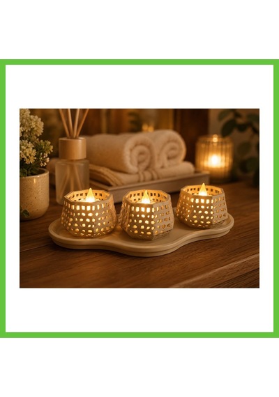 Bezos 3d Baskı Dekoratif Mumluk Seti - Desenli Tealight Ve Masaüstü Aydınlatma Objesi-bej Dmc