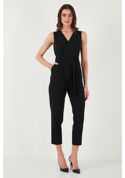 Lela Slim Fit Düz Paça Kruvaze Yaka Kemerli Bayan Tulum 6783626 Siyah