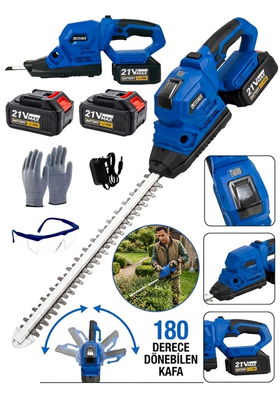 Steiner 21v 2 Ah Çift Akülü 51cm Çit Çalı Budama Makinesi Çim Çalı Süs Bitkisi Kesme Makinesi + Eldiven + Gözlük