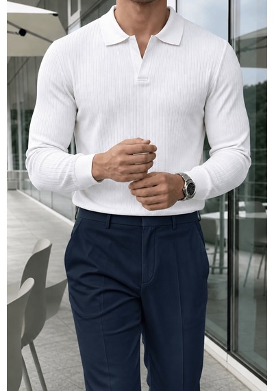 Genius Store Erkek Polo Yaka Kazak Fitilli Anti Pilling Tüylenme Yapmaz Regular Fit Erkek Triko Kazak Pyaka-kzk Beyaz